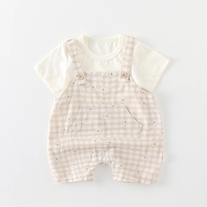 Infant cotton short sleeve T-shirt and bear print overall shorts two-piece summer set