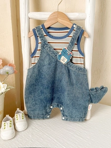 Ensemble salopette en jean dinosaure pour bébé avec gilet rayé pour l'été