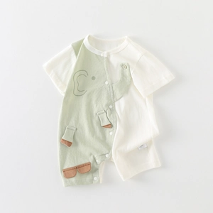 Baby Boys Cartoon Elephant Romper Cotton Blend Color Block Short Sleeve Summer Jumpsuit Outing Clothes Breathable Onesie