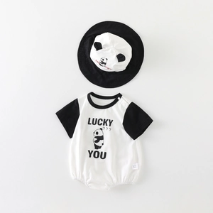 Baby Summer Short Sleeve Romper Set With Panda Hat Cotton Class A Breathable Jumpsuit Newborn Outing Clothes For Infants