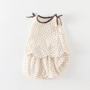 Baby girl floral sleeveless top and bloomers set with brown ribbons and bow patterns