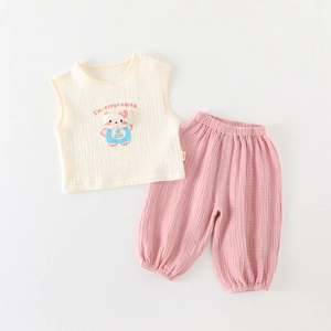 Ensemble 2 Pièces d'Été en Mousseline de Coton pour Bébé Fille Gilet Sans Manches Imprimé Chat et Pantalon Tenue Souple