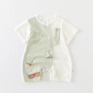 Cute elephant-themed baby short sleeve romper with a unique two-tone color-block design