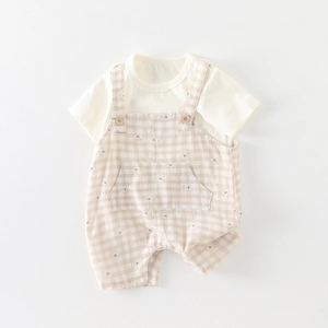Infant cotton summer set with cream short sleeve t-shirt and plaid overall shorts