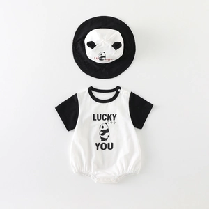Short sleeve baby romper and panda hat set in cotton with Lucky You print design