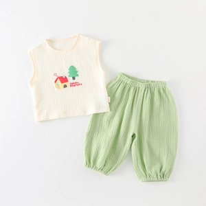 Baby Summer Cotton Gauze Clothing Set Sleeveless Vest And Lantern Pants With Cartoon House Print For Infant Toddler