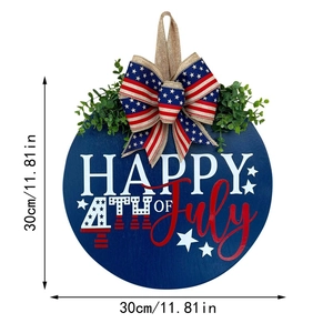 30cm American Independence Day wooden door wreath with Happy 4th of July bow and greenery