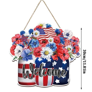 Panneau de porte en bois du 4 juillet avec bocaux drapeau USA et texte Welcome