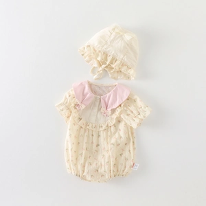 Barboteuse en Coton à Manches Courtes à Fleurs d'Été pour Bébé Fille Avec Chapeau de Soleil Assorti Col Claudine Combinaison