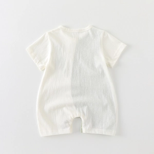 Cute cartoon short-sleeve baby romper in cream white, soft breathable summer cotton fabric