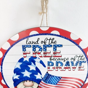 Patriotic Independence Day gnome round wooden sign with US flag theme and hanging rope