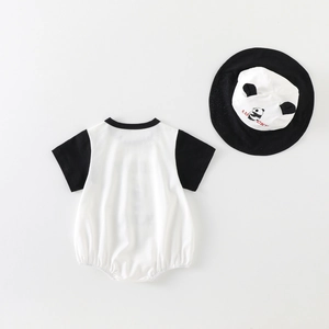 Short sleeve baby bodysuit with panda hat, black and white cotton jumpsuit for infants