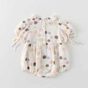 Baby cotton romper with colorful polka dots, ruffle collar and puff sleeves for summer