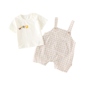 Infant summer cotton set with white 'HAPPY' T-shirt and beige plaid suspender shorts