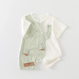 Short sleeve baby romper in mint green with 3D cartoon elephant design features