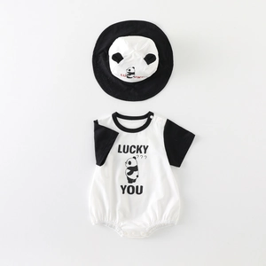 Cute panda baby short sleeve romper and hat set in soft black and white cotton