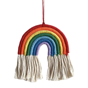 Handmade rainbow woven wall hanging with six-color cotton rope and white fringe tassels