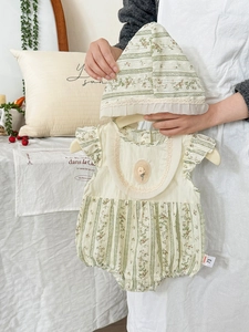 Summer Infant Baby Girl Floral Striped Romper With Matching Hat Pure Cotton Fly Sleeve One Piece Bodysuit Korean Clothing