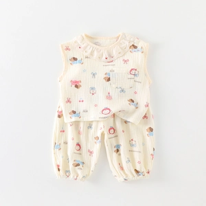 Baby cotton sleeveless summer set with cartoon dog print and ruffle neck loungewear