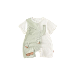 Cute elephant cartoon baby short sleeve romper with contrast green and white stitching