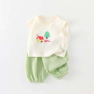 Infant summer cotton gauze set with sleeveless white vest and light green pants