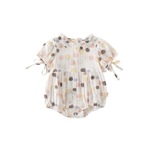 Short sleeve baby cotton bodysuit with colorful polka dots and ruffle collar details