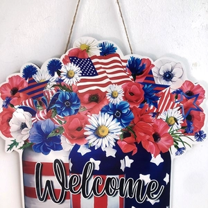 Plaque Welcome patriotique avec fleurs drapeau américain et bocaux rustiques déco