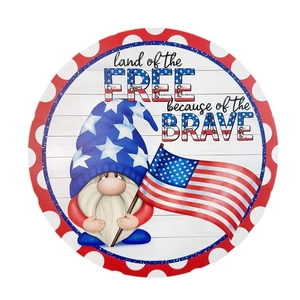 Independence Day round wooden welcome sign with patriotic gnome and American flag design
