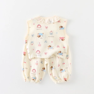 Infant summer cotton gauze pajamas set with sleeveless ruffle top and bloomers