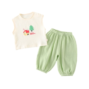 Toddler summer cotton gauze two-piece set with sleeveless top and green bloomers