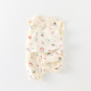 Infant cotton gauze two-piece summer pajama set with cute puppy and bow print