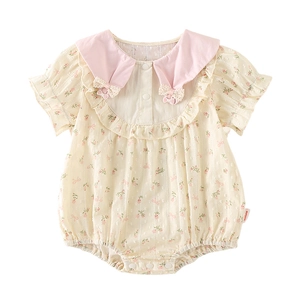 Barboteuse d'été en coton pour bébé fille avec imprimé floral et col rose à nœud