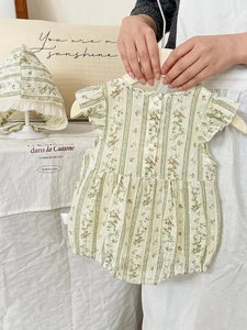 Floral baby girl bodysuit set with sun hat, vintage green stripes and ruffled sleeves