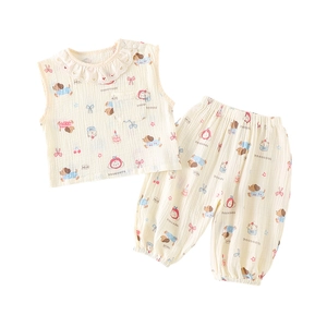 Toddler summer cotton gauze two-piece outfit with sleeveless top and jogger pants