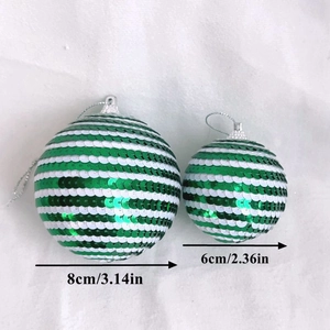 Detailed comparison of 8cm and 6cm Christmas sequin balls with green and white stripes