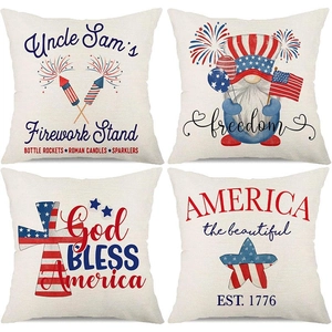 Vierteiliges Set Leinen-Kissenbezüge mit US-Patriotismus-Motiven wie Uncle Sam und Zwergen