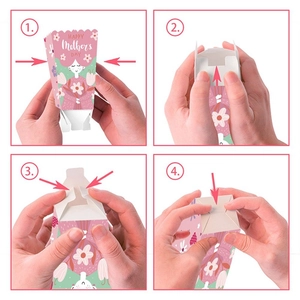 Eco-friendly Mother's Day paper treat boxes with floral designs and assembly steps