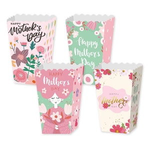Four Happy Mother's Day popcorn boxes with floral illustrations and scalloped edges