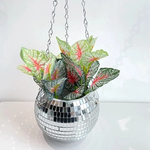 Silver Disco Ball Hanging Planter Mirror Glass Round Flower Pot Basket With Metal Chain For Indoor Home Decor Modern Retro Style