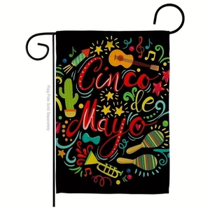 Festive Cinco de Mayo garden flag with colorful cactus and guitar motifs on black background