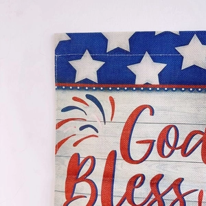 Detail of durable burlap texture and stitching on the God Bless American garden flag