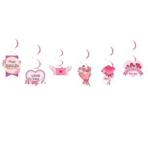 Pink Mother's Day hanging swirl decorations with heart and floral party ornaments