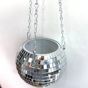 Disco mirror ball hanging planter with reflective glass tiles and silver metal chains
