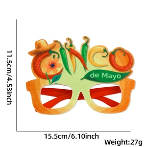 Detailed view of Cinco de Mayo felt glasses with dimensions 15.5cm width and 11.5cm height