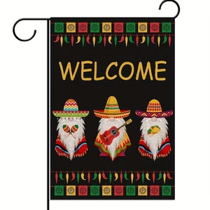Mexican Fiesta garden flag with gnomes and Welcome text on a black metal stand
