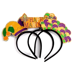Mardi Gras Glitter Headband Purple Green Gold Jester Hat Feather Fleur De Lis Festive Party Headwear Accessory For Unisex