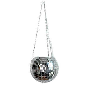 Hanging silver disco ball planter with reflective glass tiles and sturdy metal chain