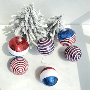 Set of 6 sequined red white and blue ornaments with stripes for Independence Day decor