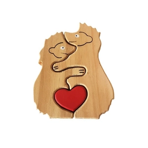 Minimalist wooden animal hug puzzle ornament with red heart for home decor