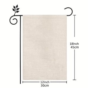 Blank linen garden flag with black metal stand featuring leaf decor, 12x18 inch size